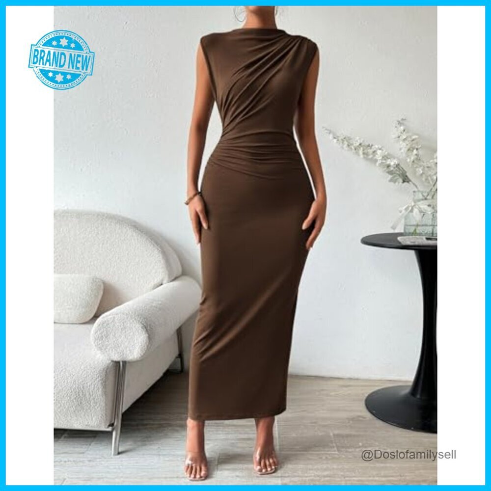 Ruched Bodycon Maxi Dress Elegant Back Slit Sleeveless Party Cocktail Wear - Picture 2 of 7